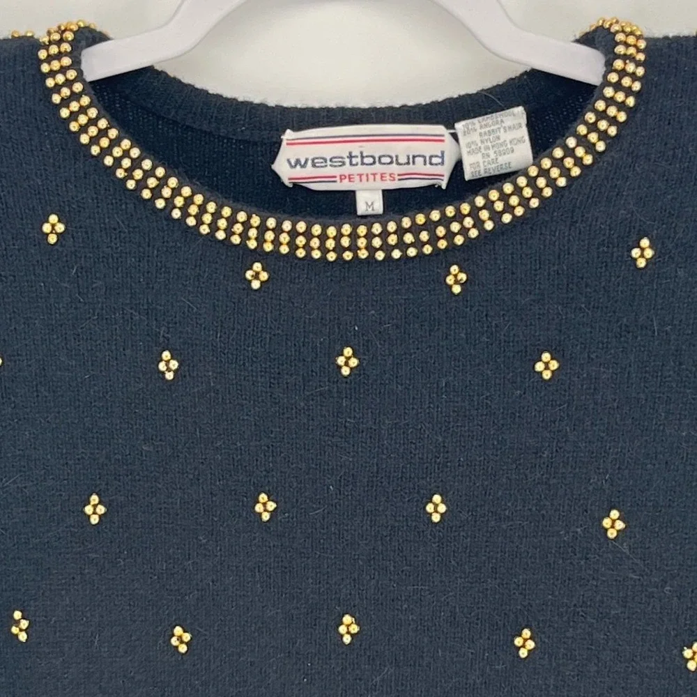 Westbound Petites Black Lambswool Angora Gold Beaded Vintage Sweater Womens M‎